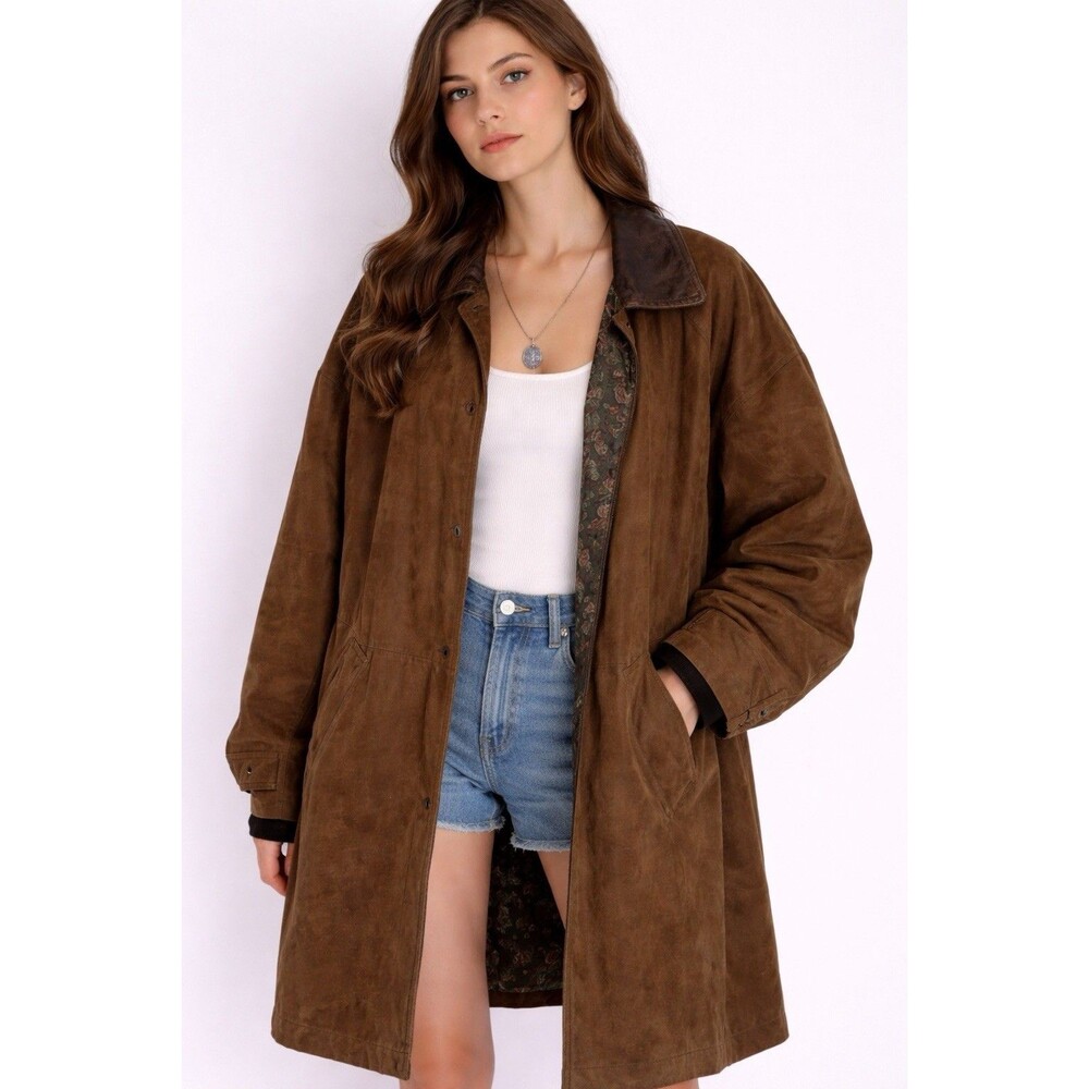 Vintage Verducci Ital Brown Leather Suede Trench Coat With Slit In Back SZ Small